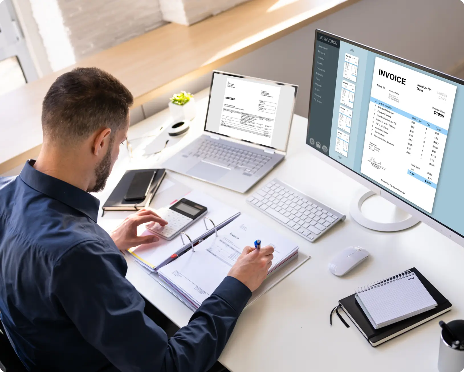 Man reviewing invoice and calculating total.